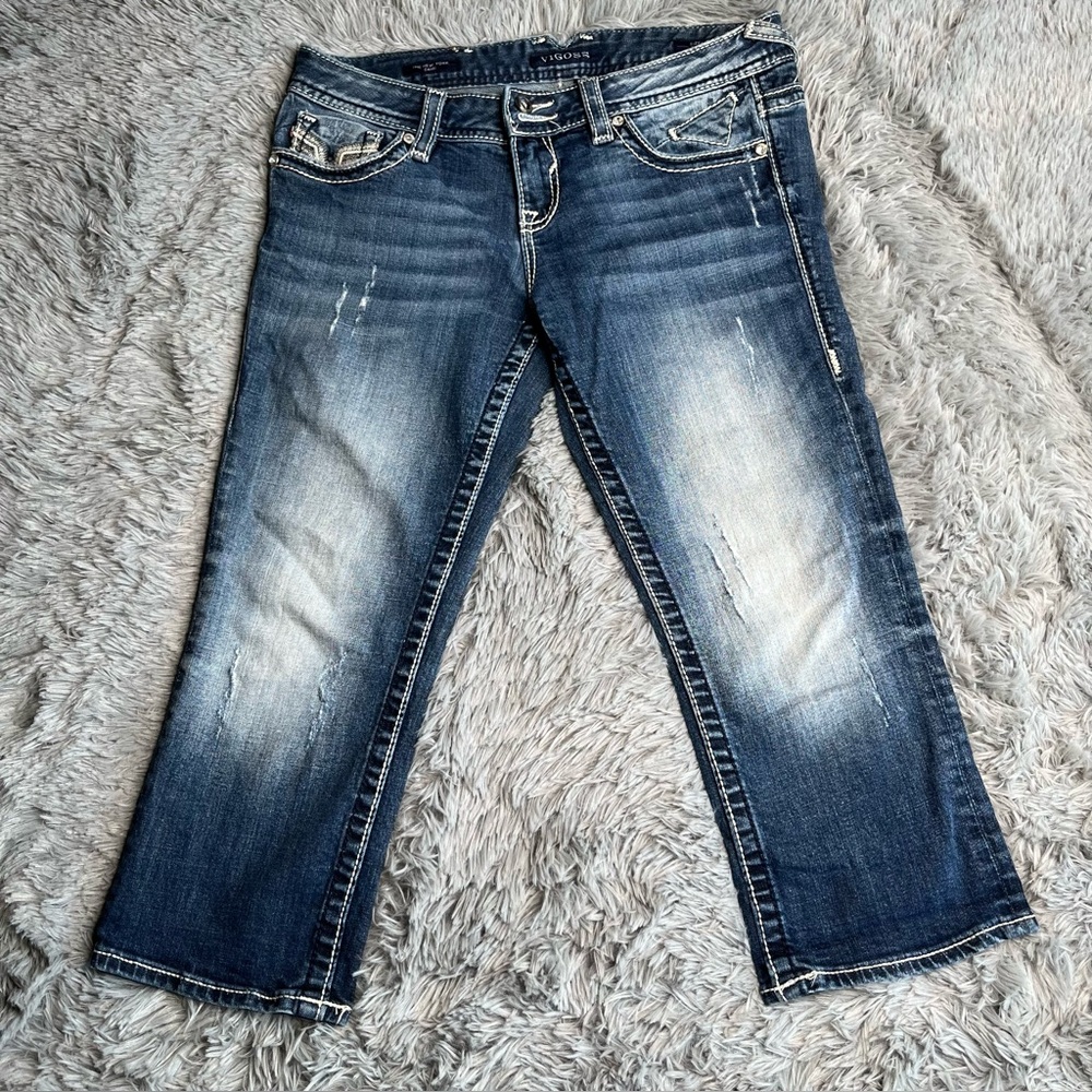 Vigoss Capri Jeans Womens 8 The New York Whiskered Distressed Embroider Blue